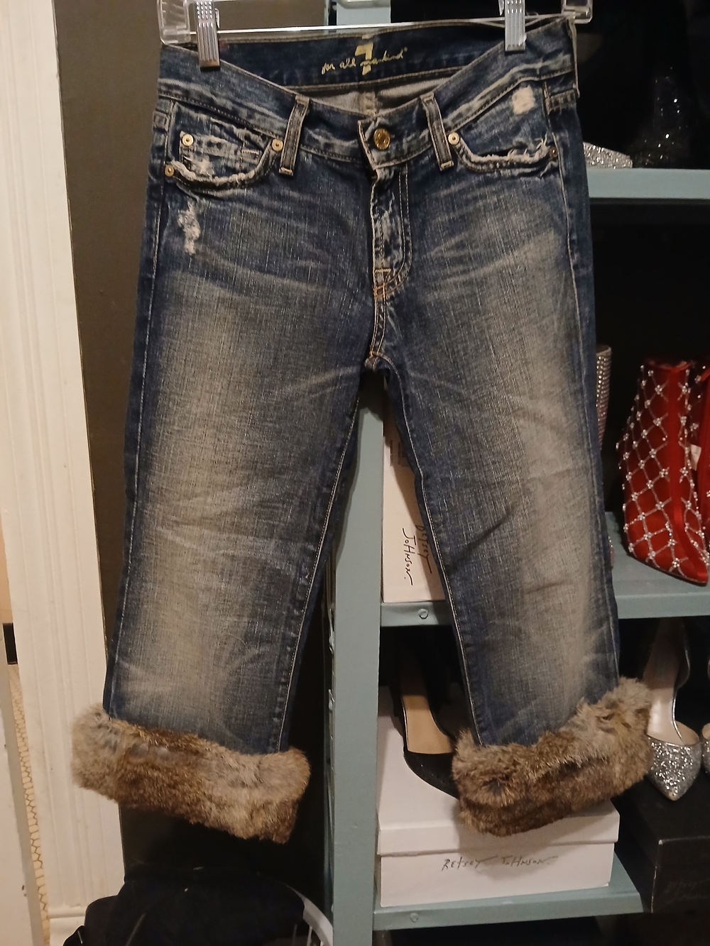 7 For All Mankind Distressed Blue Cropped Jeans with Fur Cuffs Lowrise 31